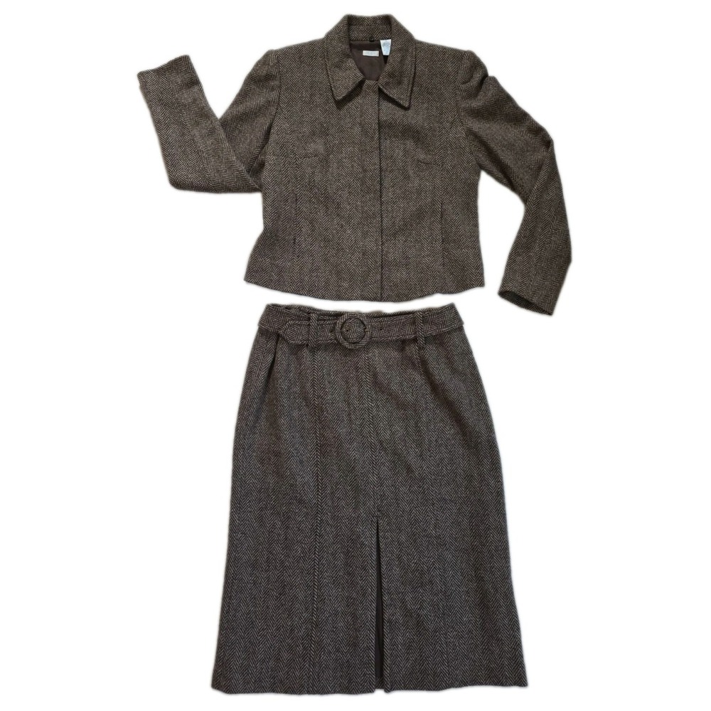 Vintage Aqua Shimmer Tweed Skirt Suit Set Brown Gold Metallic Herringbone 14